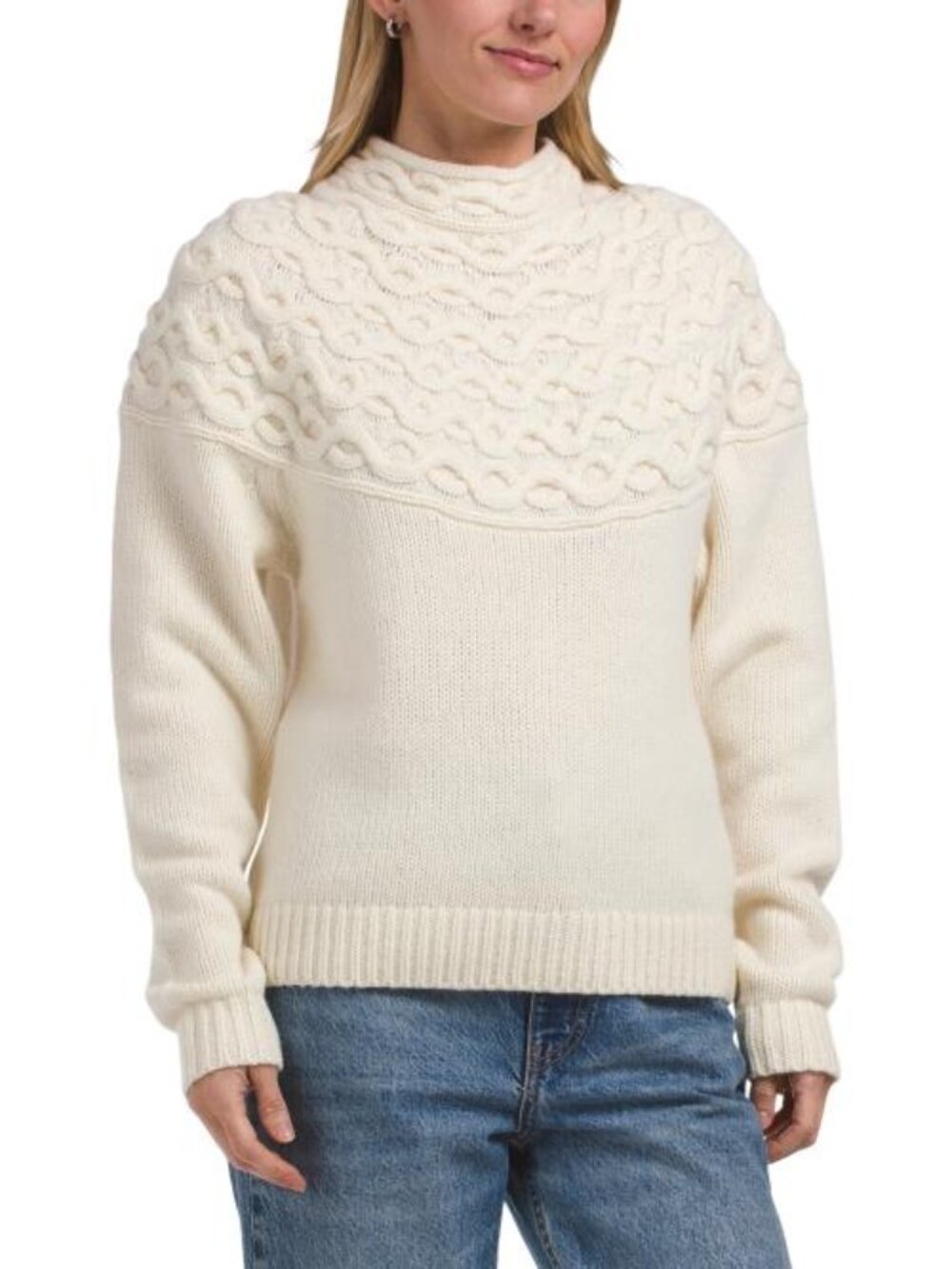 THEORY Wool And Cashmere Cable Yokefelted Pull Over Sweater